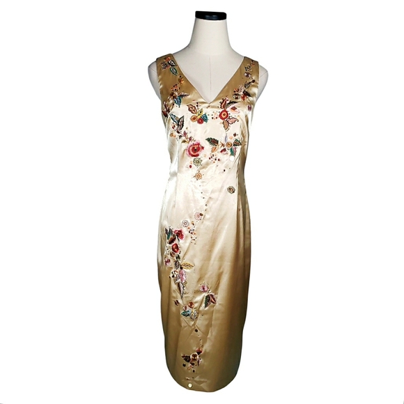 Newport News Dresses & Skirts - Vtg Y2K Retro Hollywood Glam Satin Sheath Dress Embroidered Bead Sequin Floral 4